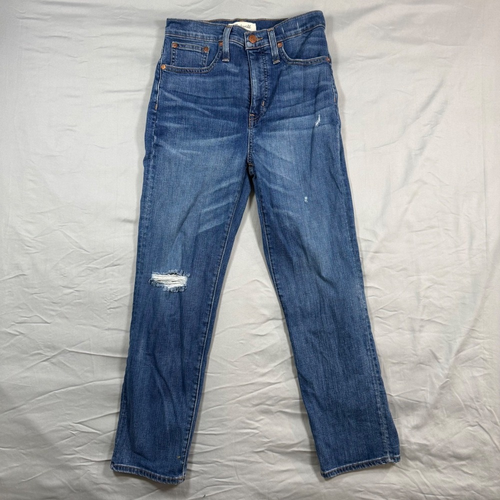 Madewell Classic Straight Jeans Women's 25 High Rise Medium Wash Distressed